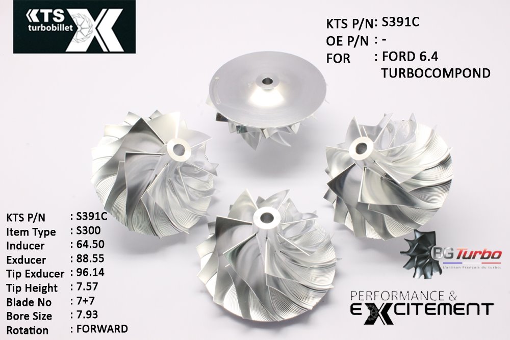 Turbo ROUE FORGÉE MFS PERFORMANCE - 7+7 PALES - INDUCER : 64,5 - EXDUCER : 88,55 - TYPE : S300ANGLE : 60° - ROTATION : Forward - SUPER BACK : 5,15 - BORE SIZE : 7,94
